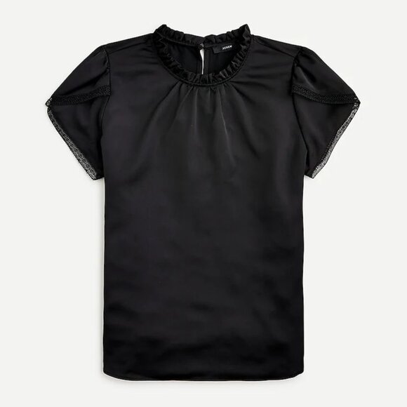 JCrew Tulip-sleeve ruffleneck top, XXS, Black - Picture 1 of 1